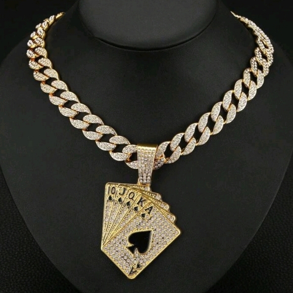 Hip Hop Iced Out Fully Rhinestone Gold Card Pendant & Cuban Chain Necklace 18" - Picture 3 of 13